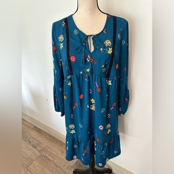Old Navy Turquoise MIDI Dress Long Sleeve Floral Pattern  Velvet Trim SZ M - Picture 1 of 7